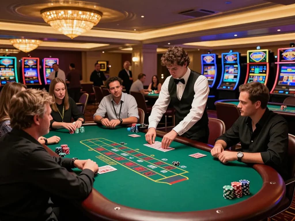 Engaged players at XX88 blackjack table strategizing for better odds in a lively casino atmosphere.