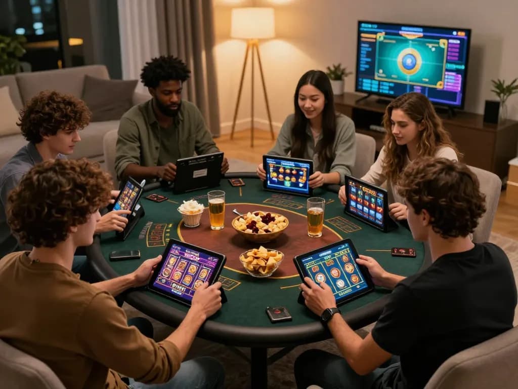 Engaging friends enjoying UGDEWA online slot games during a cozy gaming night