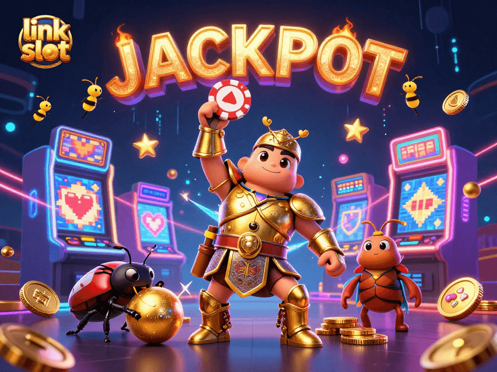 Win big with link slot in a vibrant 3D casino scene featuring animated characters and slot machines.