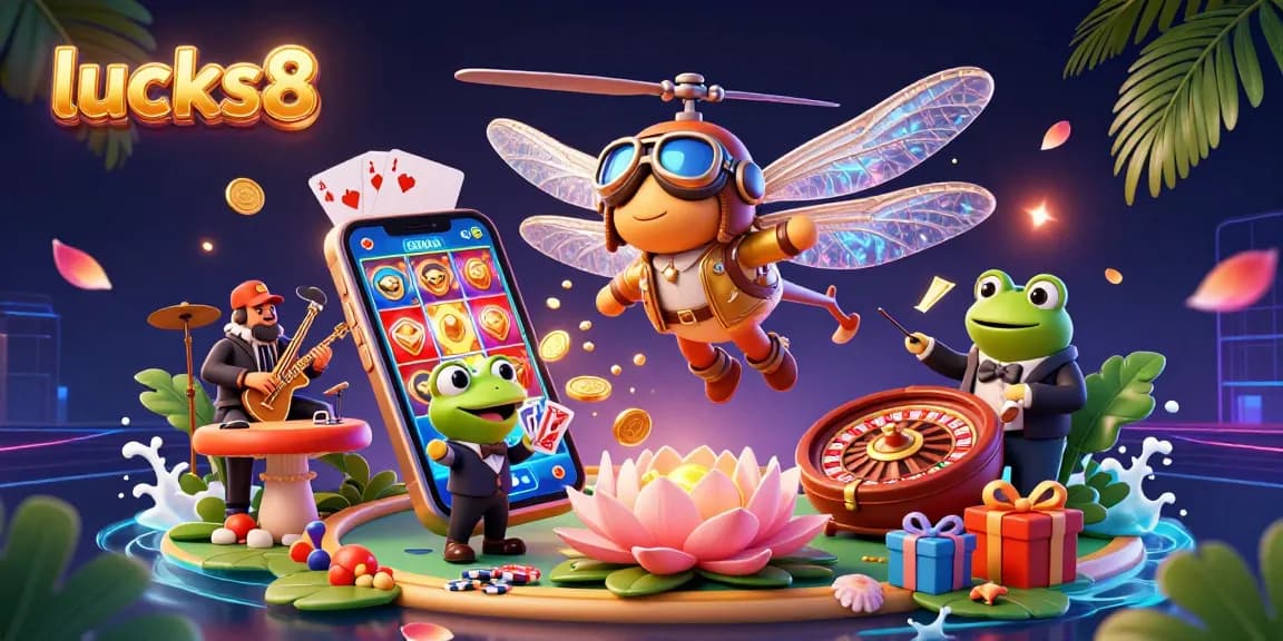 Experience entertainment at lucks8 with a lively 3D casino scene featuring vibrant characters and dynamic gaming elements.