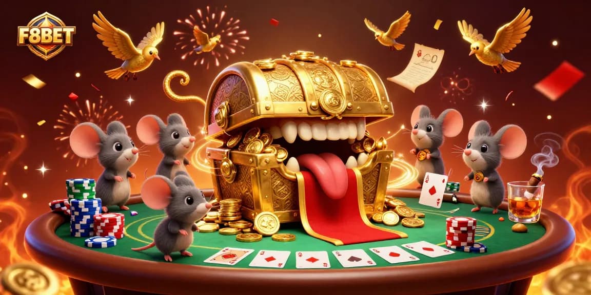 Experience thrilling poker action with F8BET's golden treasure chest and vibrant game elements.