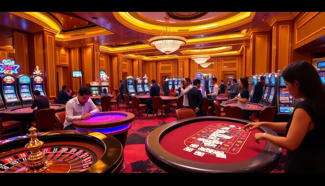 Experience the thrill of siu88 at a vibrant casino with engaged players and lively gaming tables.