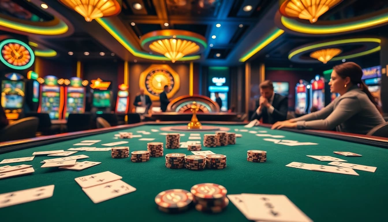 Players strategizing at a poker table in a luxurious casino with 32win branding.