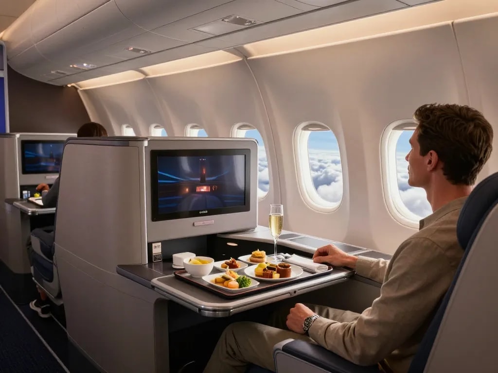 Premium travel experience aboard a Boeing 787-9P Dreamliner, featuring spacious Flagship Suites and gourmet dining.