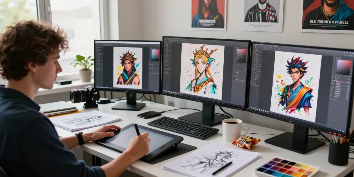 Engaged artist creating NSFW AI illustrations in a vibrant studio setting.