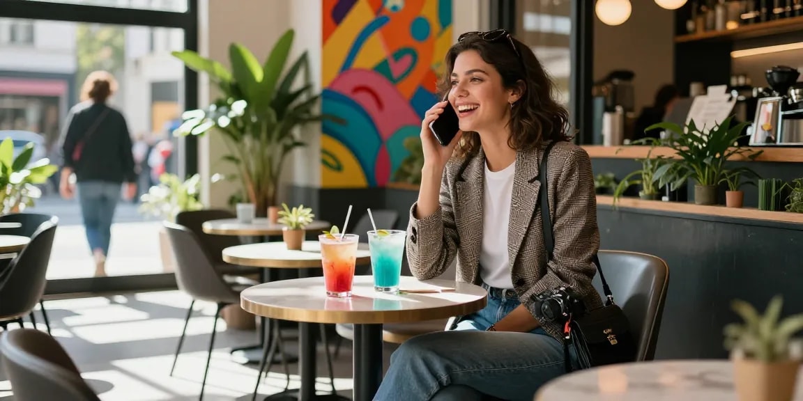 Gái gọi đang trò chuyện vui vẻ tại quán cà phê thời thượng