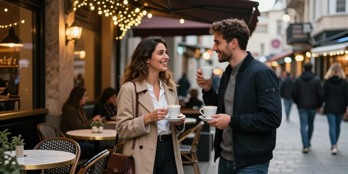 Charming scene depicting İstanbul Escort enjoying an evening coffee in a stylish café with a companion in a vibrant urban setting.