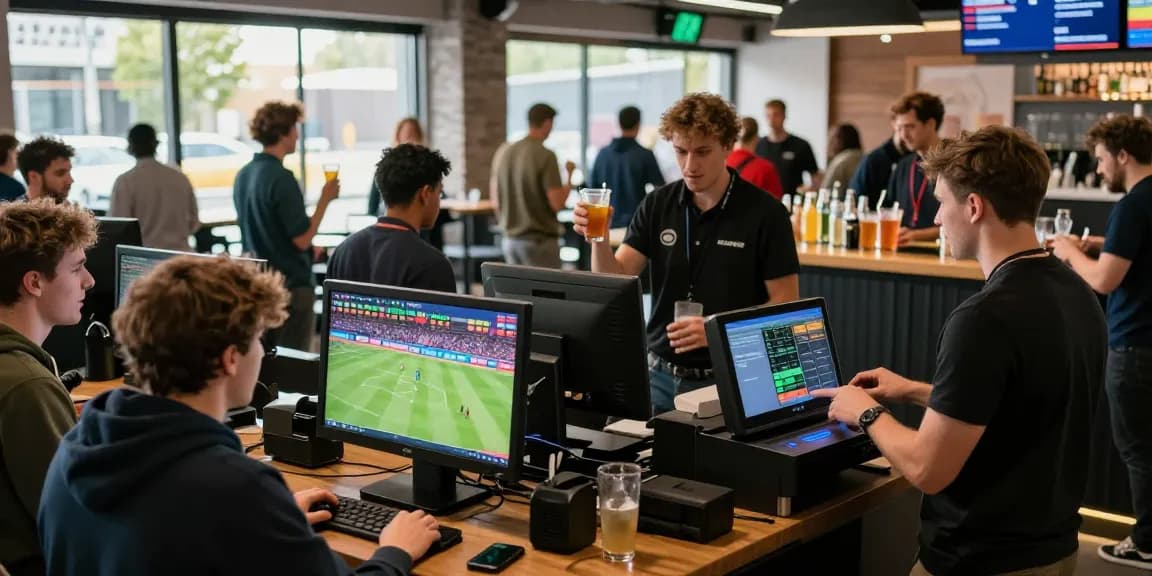 Engaged players at OPEN88 sports betting venue exploring live match statistics and placing bets.