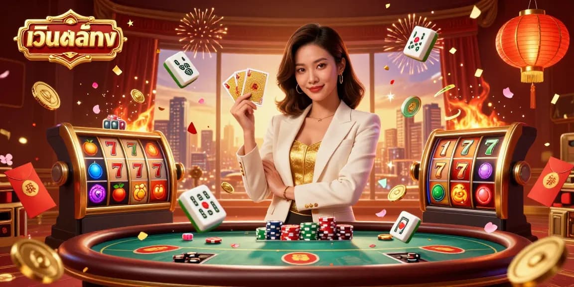 Experience the thrill of เว็บสล็อตตรง with vibrant slot reels and a powerful businesswoman in a dynamic casino setting.