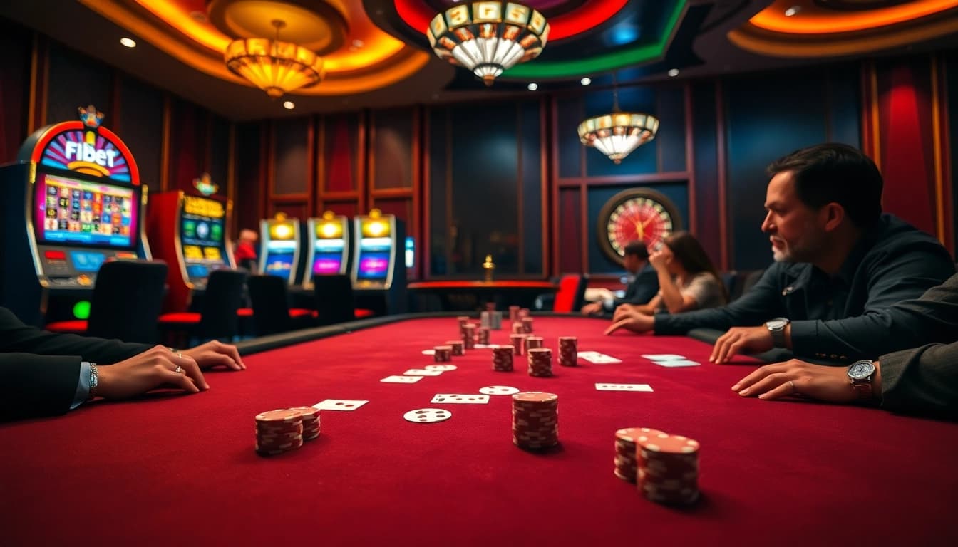 Exciting poker action at an F8bet casino table with vibrant cards and chips.