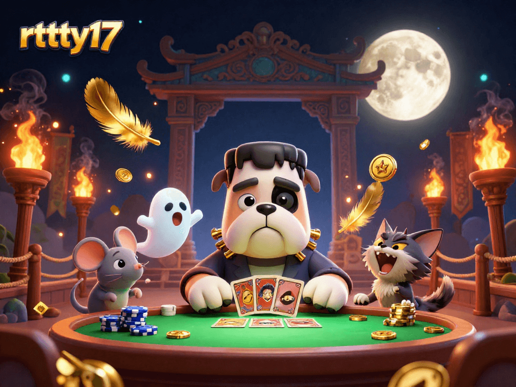 Engage in thrilling casino action with rttty17 as a Frankenstein bulldog monster deals cards.