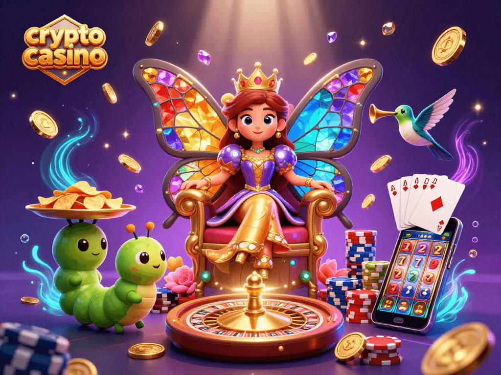 Experience the thrill of a crypto casino with a vibrant cartoon illustration showcasing a butterfly queen and gaming elements.