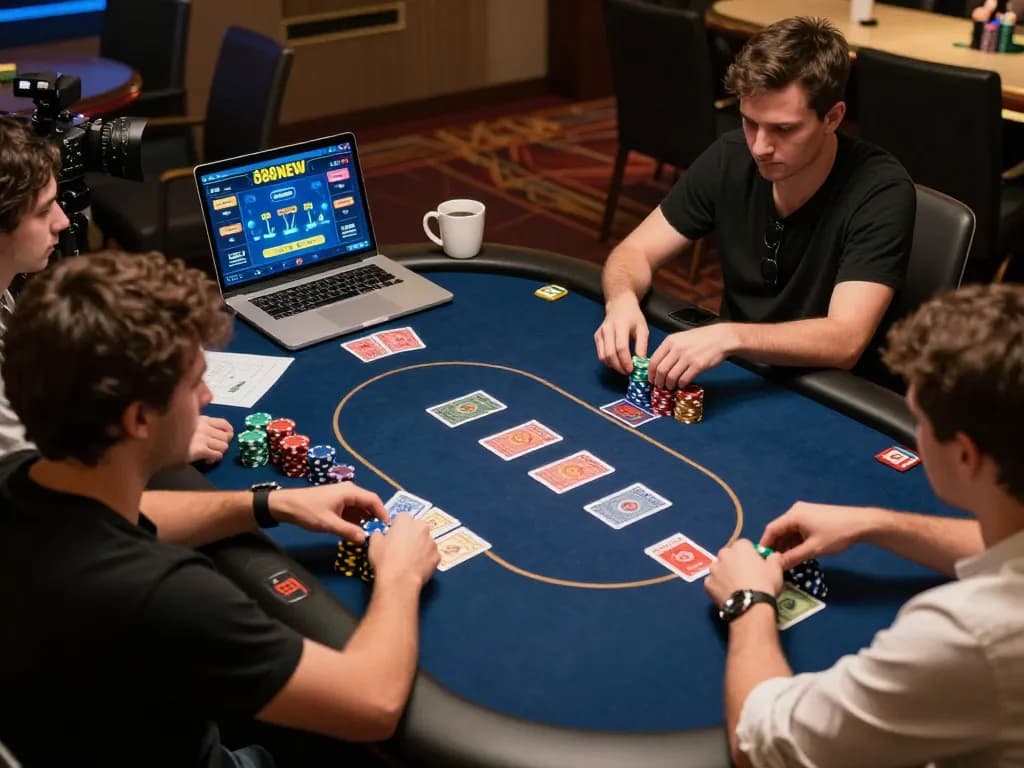 Players strategizing in a thrilling online poker game on 888NEW, showcasing dynamic gameplay and engagement.