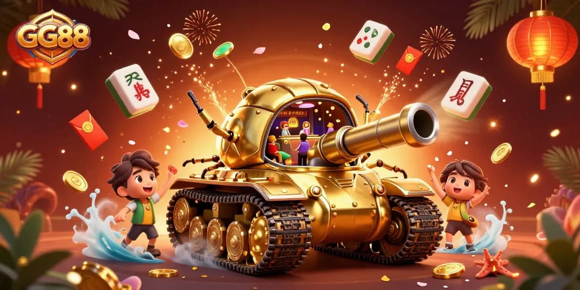 Experience the excitement of GG88 with a vibrant 3D casino scene featuring confetti and gold.