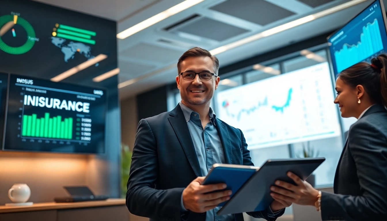 Conseiller financier moderne discutant des plans d’assurance avec ses clients dans un bureau numérique élégant, mettant l’accent sur la confiance et l’innovation en 2025