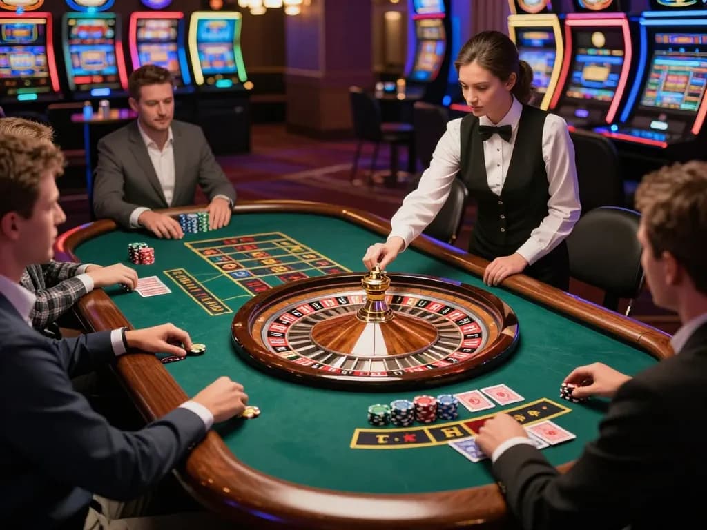 Pemain ambisius menikmati Demo Slot PG Soft di meja roulette dalam suasana kasino mewah