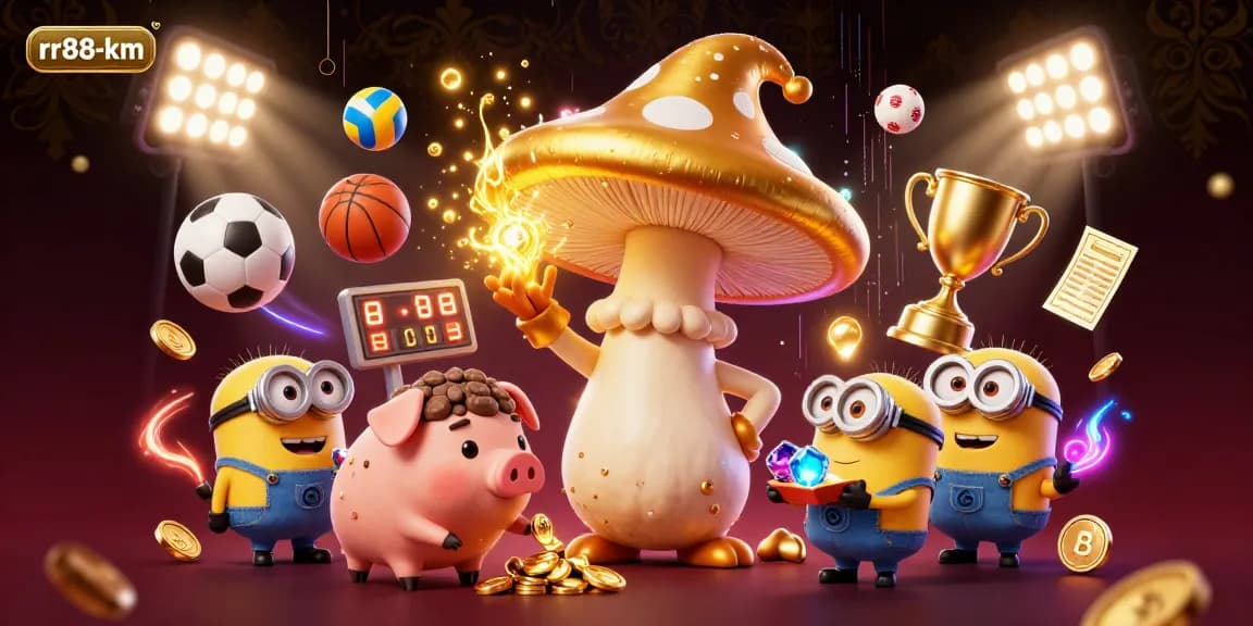 Experience the magic of rr88-km with a scene featuring a golden mushroom wizard and sports betting elements.