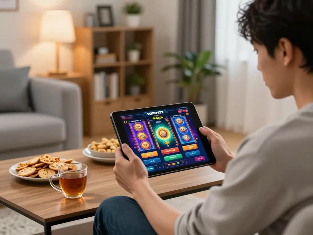 Engaged player focusing on Tempo123 Gacor slot game on a tablet in a cozy home setting.