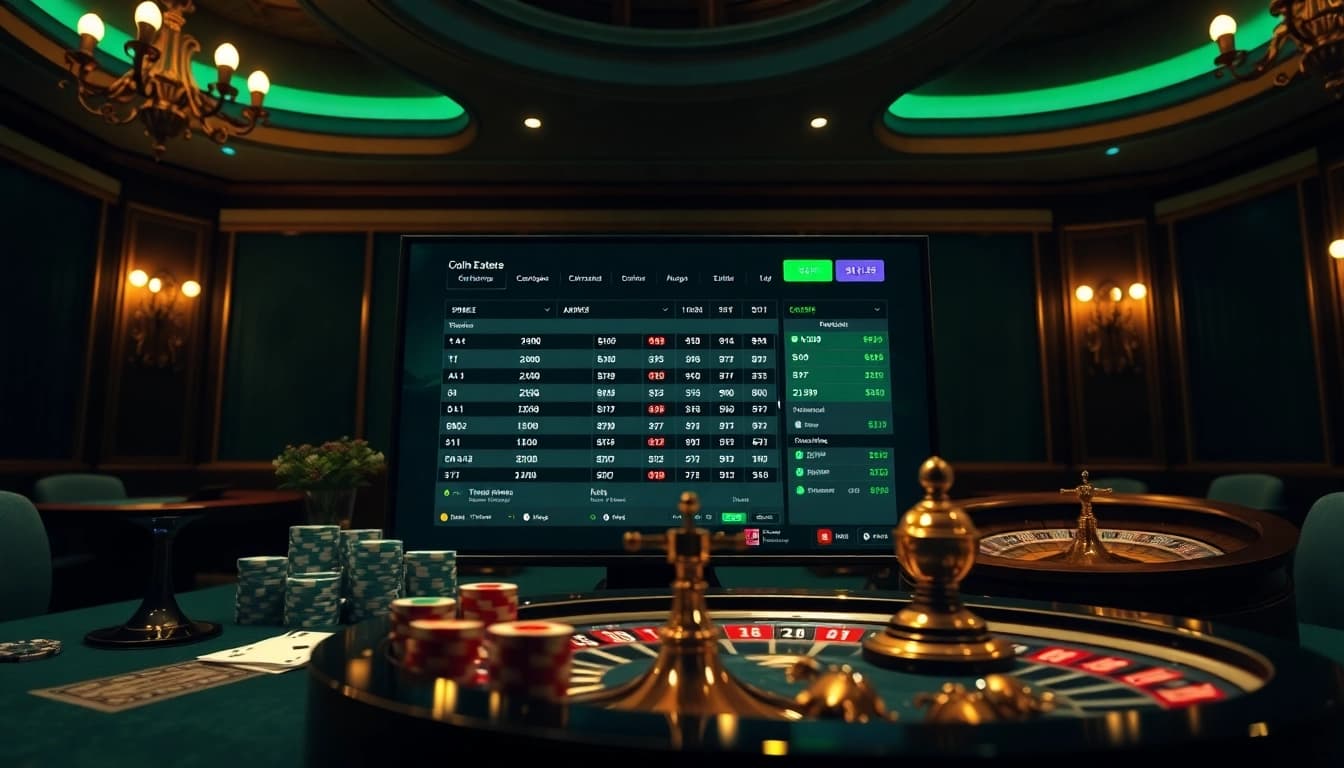 Betting Online Now with excitement at a digital casino display featuring poker chips and odds.