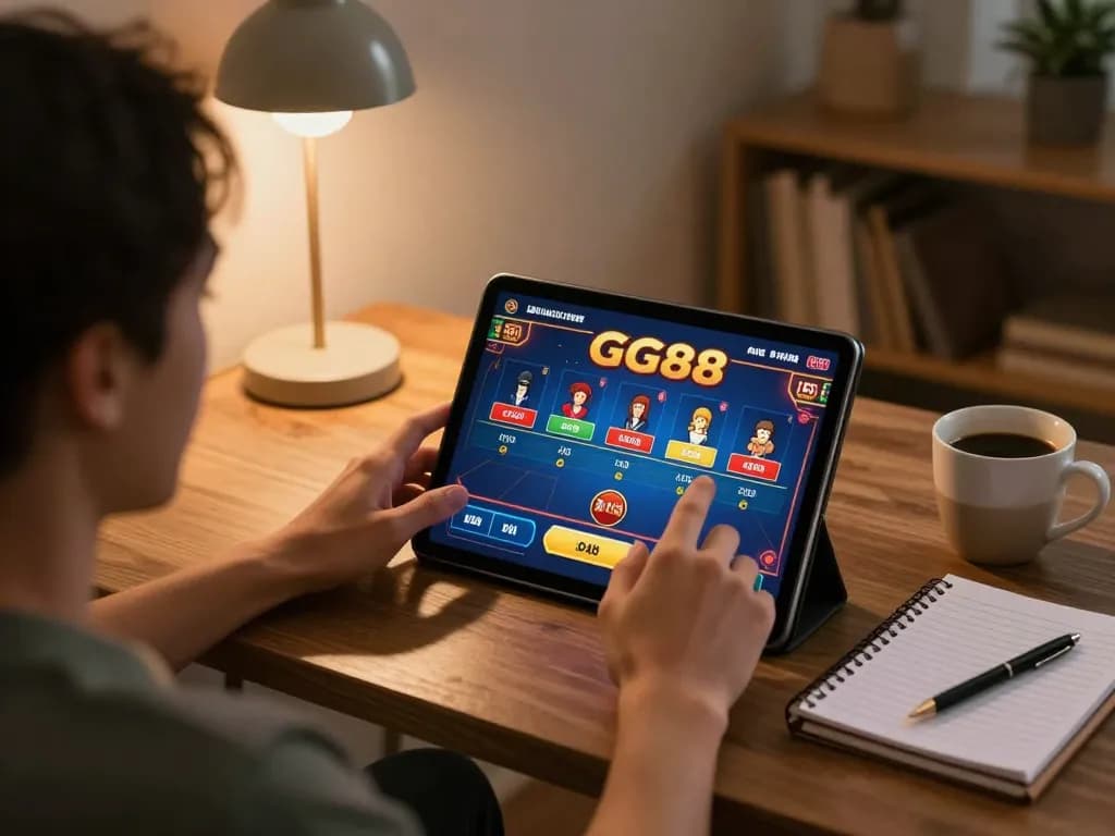 Play GG88 games from home with a tablet in a cozy gaming setup