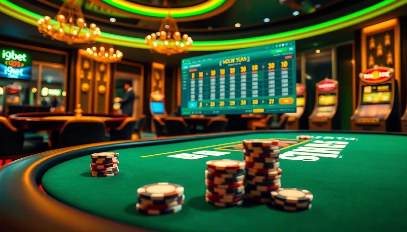 Experience the thrill of betting at i9bet's luxurious casino table with high-end poker chips.