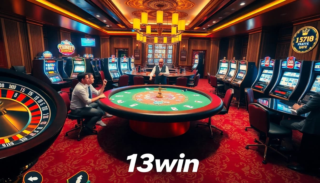 Experience the excitement of 13win while playing on luxurious casino tables filled with chips and cards.