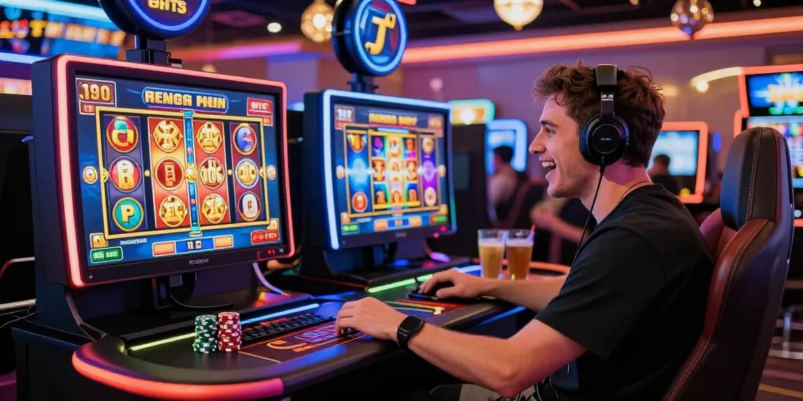 Player immersed in bonus buy slots action at an online casino, surrounded by vibrant visuals.