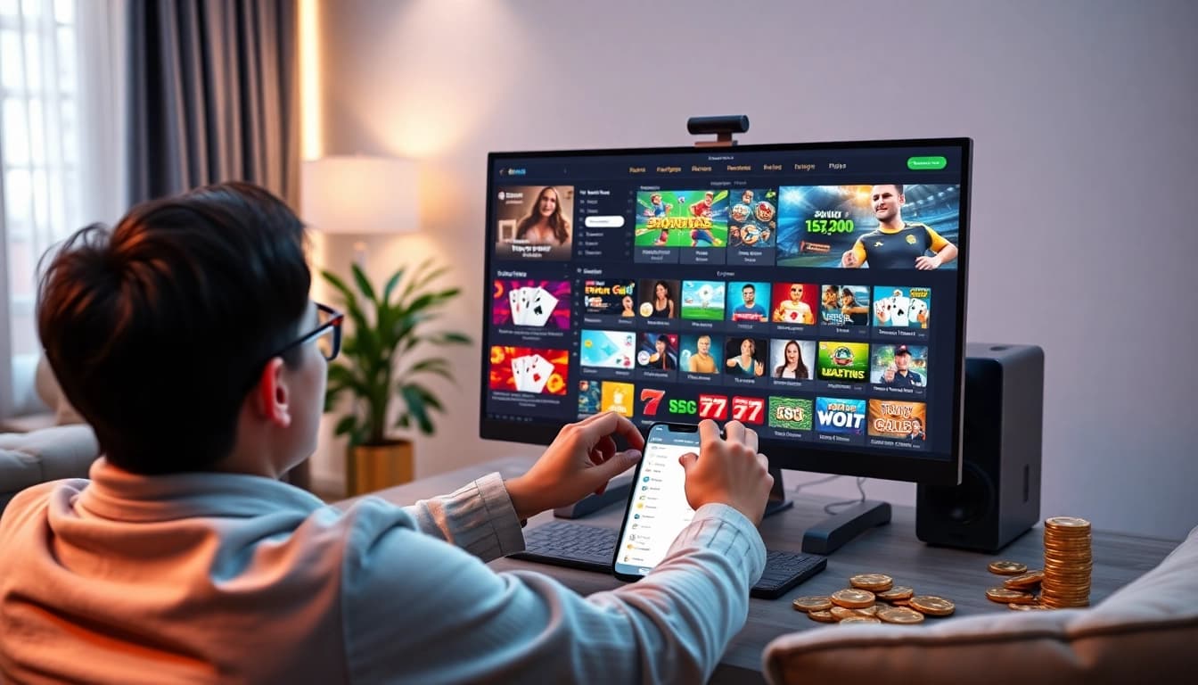 Exciting gaming scene showcasing nhà cái 8s online betting experience with sports, poker, and slots.