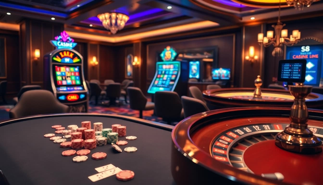 The vibrant casino scene showcases the s8 app interface on digital devices alongside poker chips and a roulette wheel.