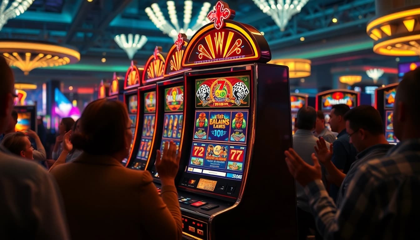 Putaran slot 5k di mesin kasino yang ramai dan penuh warna.