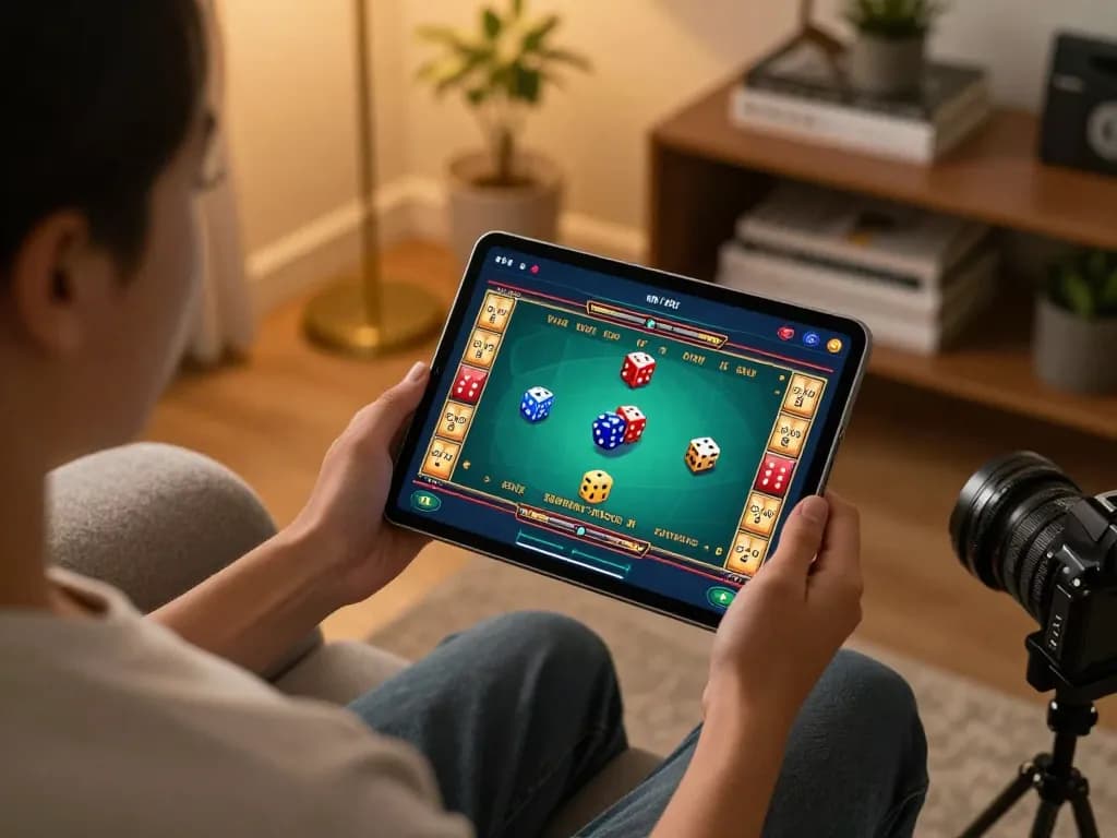 Engaging in the app tài xỉu online while enjoying a cozy home atmosphere with vibrant game graphics visible.