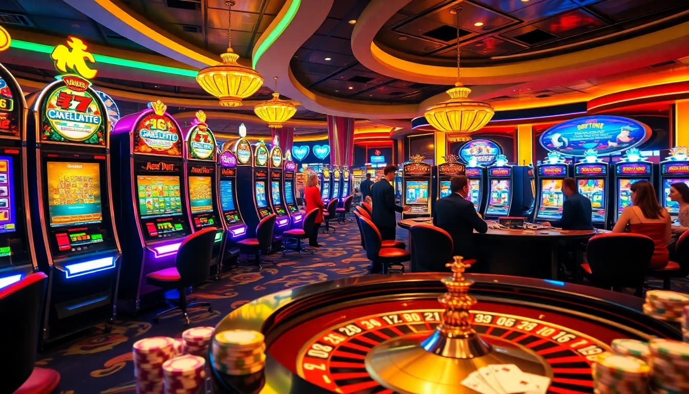 Players enjoying diverse games at a vibrant 슬롯사이트, highlighting exciting casino atmosphere.