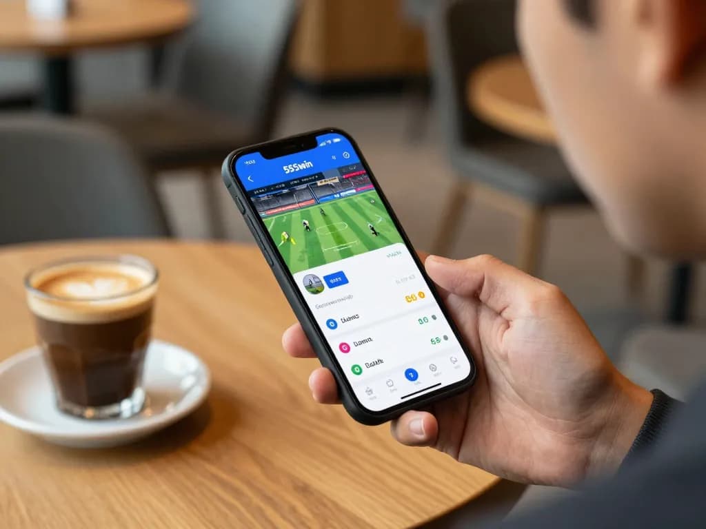 Engaging in strategic sports betting using the app 555win on a smartphone in a modern café.