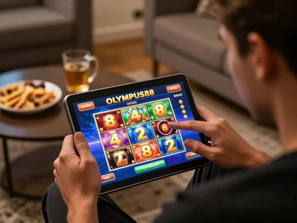 Engaging gameplay on OLYMPUS88 slot games in a cozy setting, showcasing user interaction