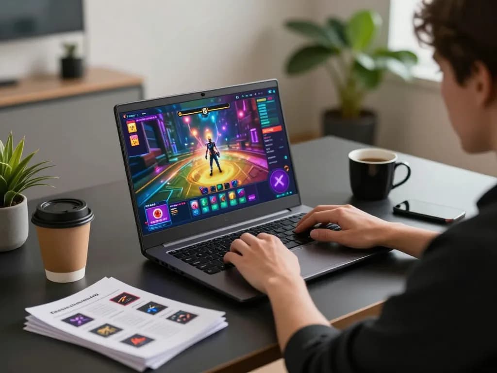 Engaging scene of online gaming with non Gamstop casino interface on laptop, cozy desk setup.