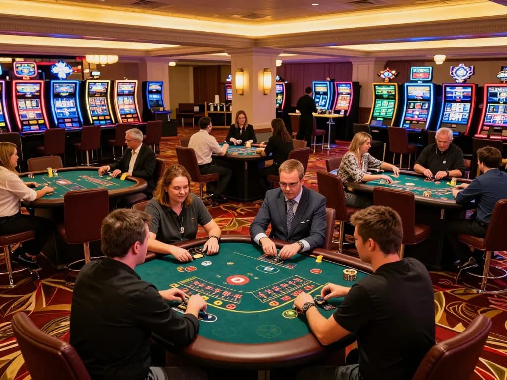 Excited players strategizing at the poker tables of a sun win casino, showcasing the vibrant atmosphere.