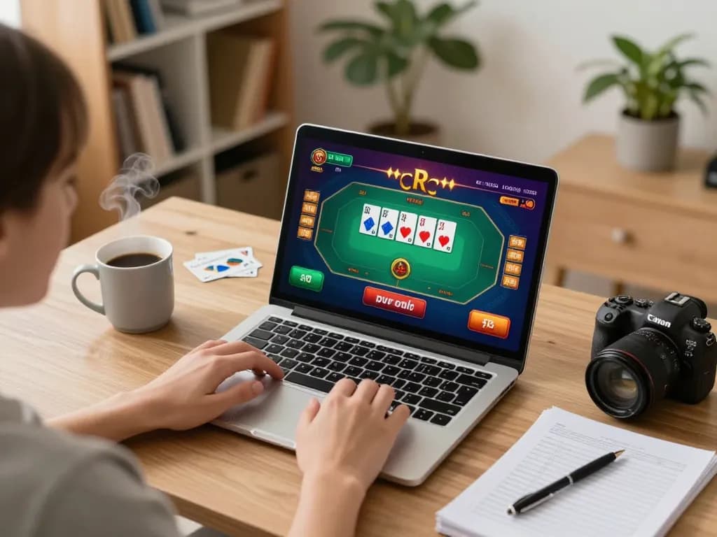 Engaging online gaming session at nhà cái bl555 with vibrant poker interface and cozy home setup.