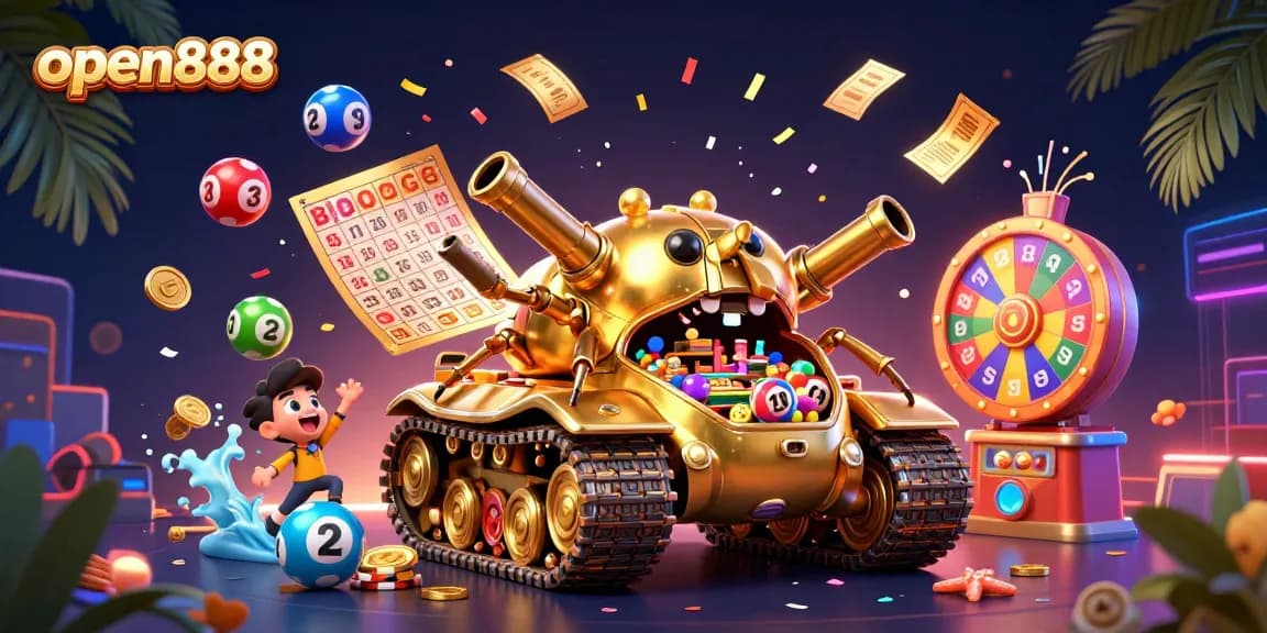 Engage with open888's vibrant casino scene featuring lotteries, games, and colorful elements.