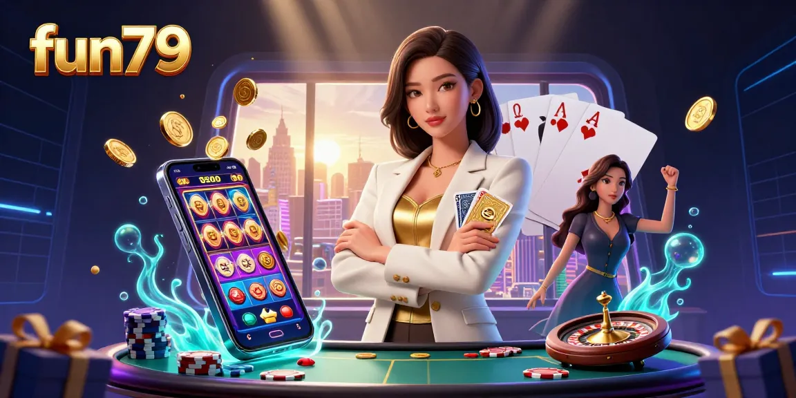 Spin to win at fun79 with an elegant businesswoman surrounded by vibrant casino elements.