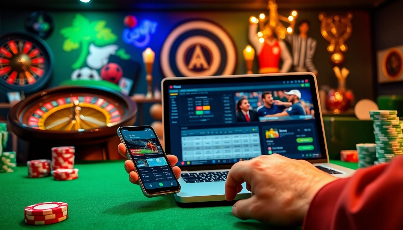 Engaging in สมัครแทงบอล action, showcasing a smartphone and laptop with live betting odds and casino elements.