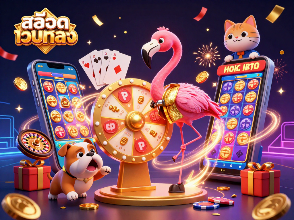Win big with สล็อตเว็บตรง in an exciting casino scene, featuring a flamingo host, bulldog contestant, and cat assistant!