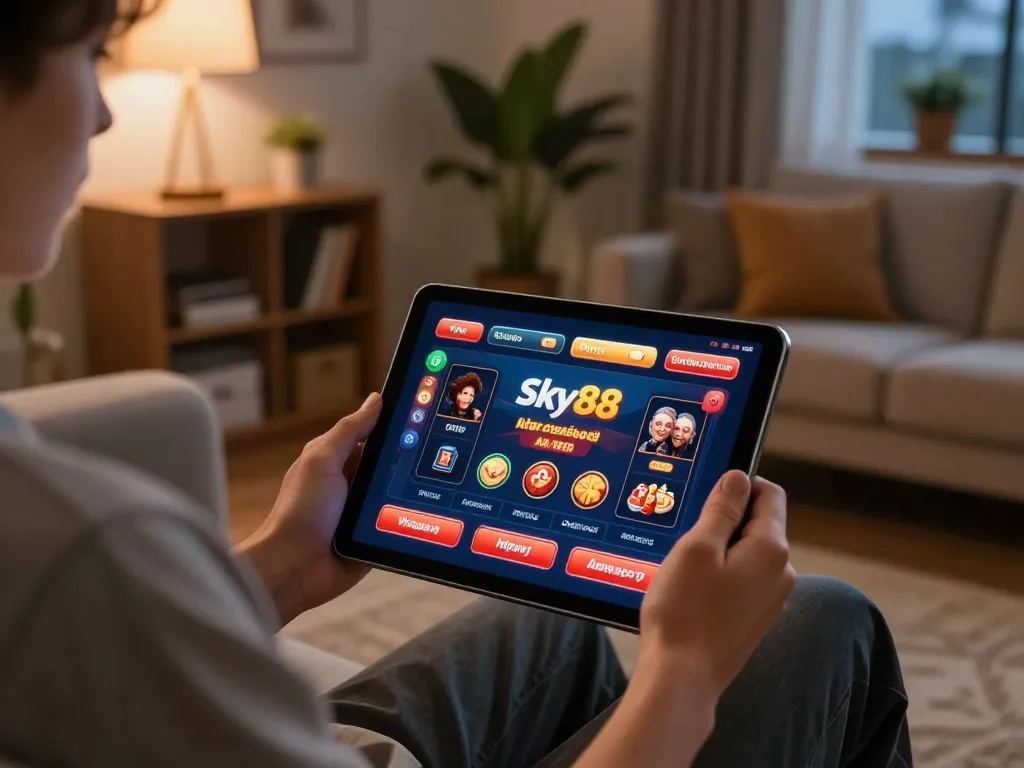 Experience Sky88 online gaming with tablet while enjoying a cozy home atmosphere.