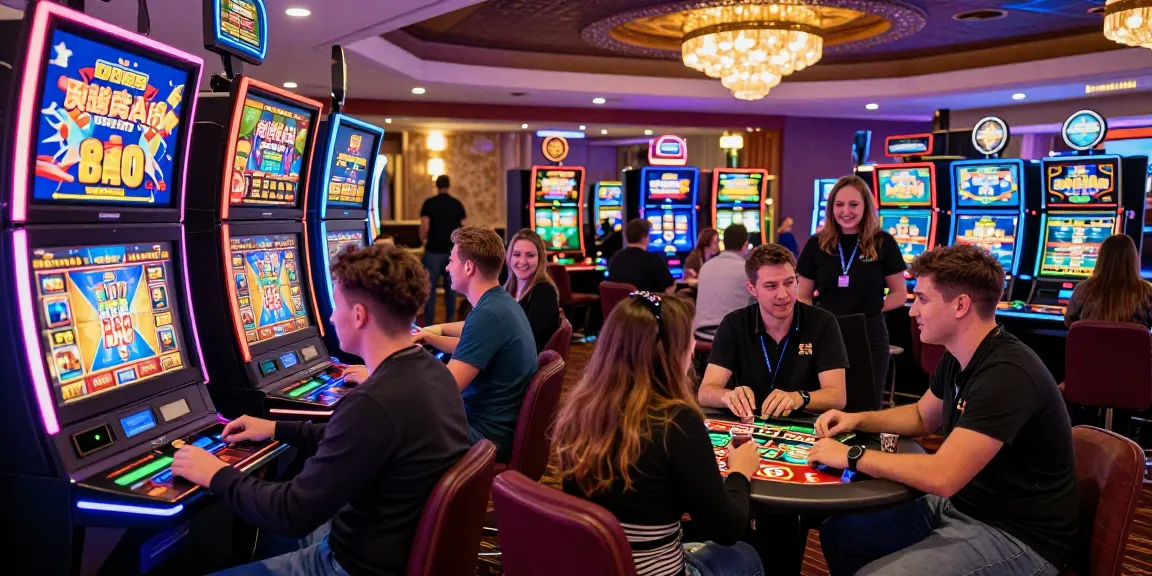 Exciting non UK casino gaming atmosphere with players enjoying varied games and vibrant decor.