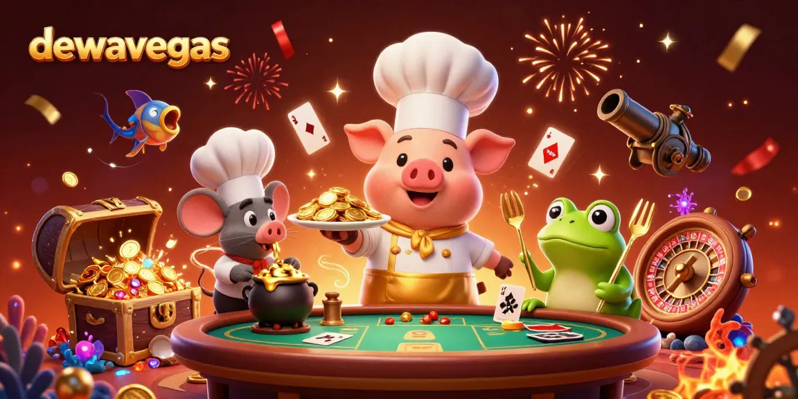 Experience thrilling baccarat gameplay at DEWAVEGAS with vibrant 3D cartoon chefs and festive elements.