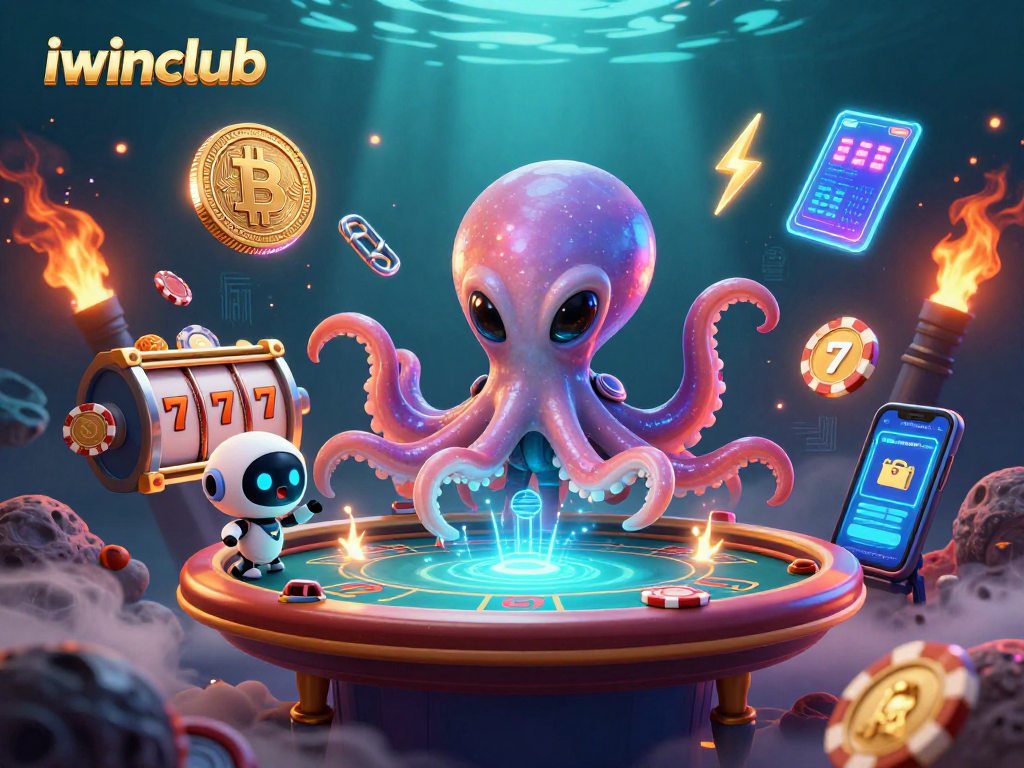 Engage with iwinclub's vibrant slot features as an alien octopus spins holographic reels.