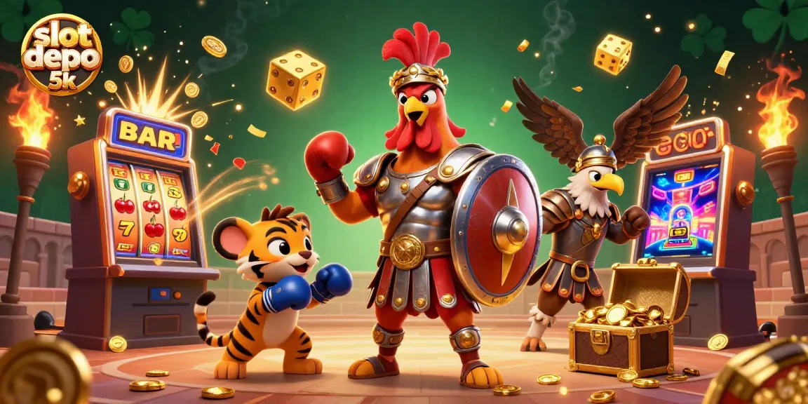 Experience the thrill of slot depo 5k as the 3D rooster in armor celebrates a jackpot.