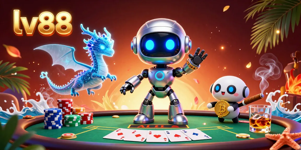 Experience thrilling poker action at lv88 with a cyberpunk robot mascot, poker chips, and vibrant casino atmosphere.