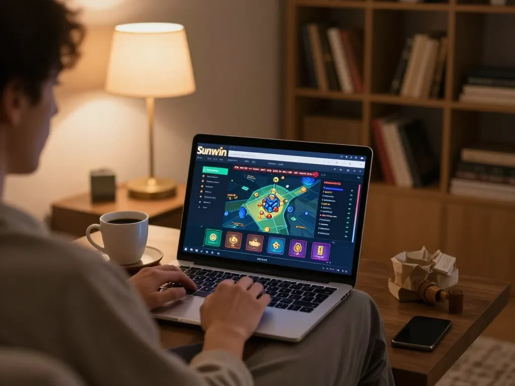 Person engaged with Sunwin online gaming interface on laptop at home, showcasing strategic gambling.