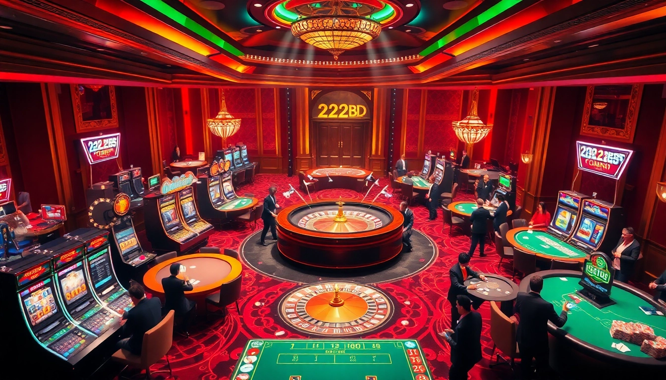 Excited players enjoying luxurious casino games at 222bd, surrounded by vibrant slot machines and poker tables.