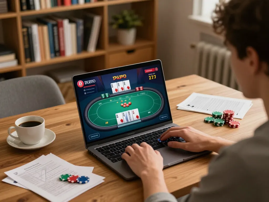 Engaging online poker session on laptop with Q88 game interface showcasing strategic gameplay